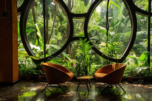 Modern eco-friendly meeting room interior with contemporary chairs, large windows, and vibrant tropical plants. Ideal for sustainable business and relaxation.