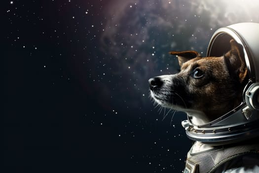 Curious dog in spacesuit against starry cosmos background embodies exploration, adventure, and the unknown in outer space.