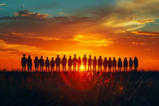 Group of silhouetted people standing together during vibrant sunset symbolizing unity, friendship, and togetherness in nature.