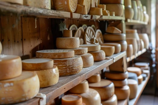 Detail of handcrafted cheeses lined on wooden shelves showcasing artisan cheese making process in rustic surroundings.