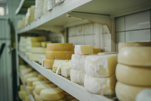 Variety of artisan cheese wheels displayed on shelves in Cheese making factory convey traditional craftsmanship and gourmet food production.