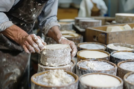 Skilled artisan cheese maker shapes curd in molds at traditional cheese factory, demonstrating craft and food production process. Generative AI