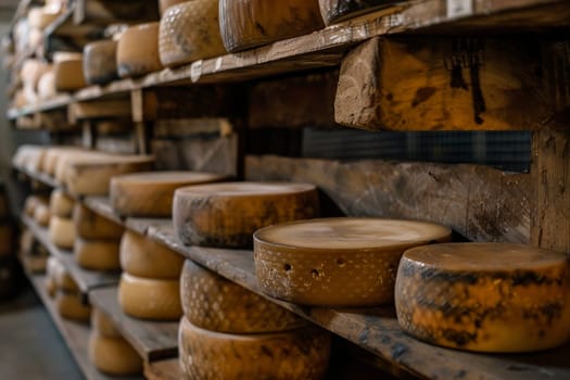 Artisan cheese wheels on wooden shelves in rustic cheese factory, showcasing dairy production and gourmet food concept.