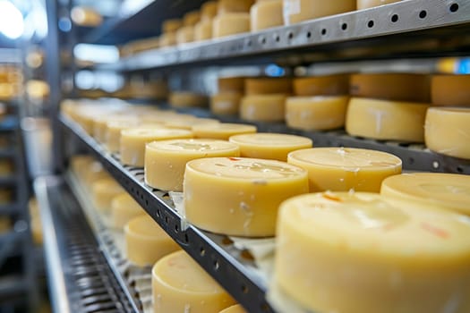 Rows of artisan cheese wheels maturing in factory storehouse, showcasing dairy production and food industry.
