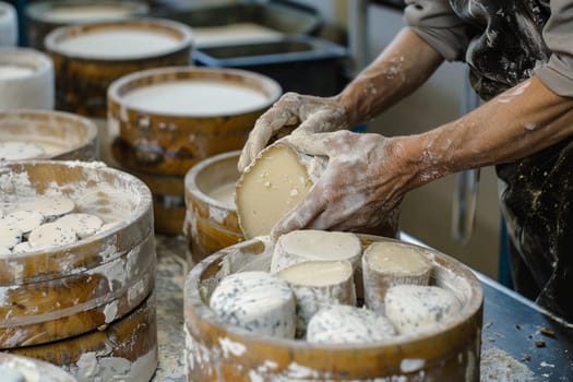 Artisan hands meticulously shaping cheese in small factory, exemplifying dairy production and traditional craftsmanship. Generative AI