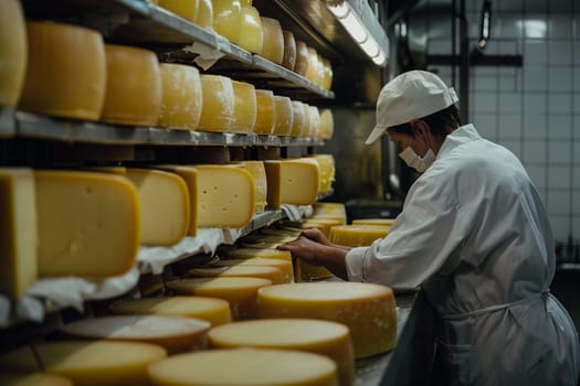 Expert cheese maker at work inspecting quality of artisanal cheese wheels lined up in traditional factory setting.