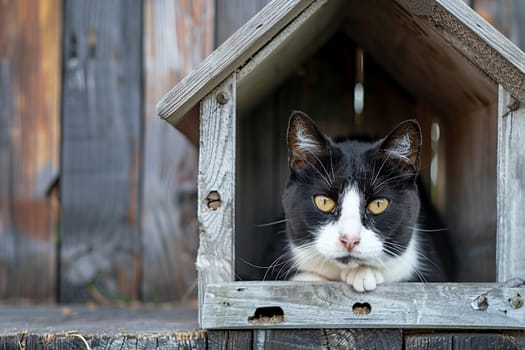 Curious black and white cat peering out from cozy wooden cat house, exuding tranquility and domestic charm