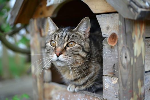 Curious tabby cat observing surroundings from safety of a rustic wooden cat house in natural daylight.