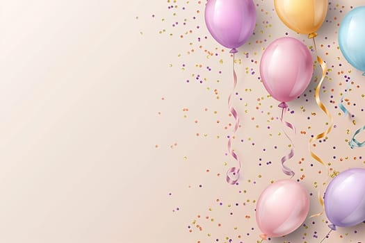 Celebratory image featuring colorful balloons, ribbons, and scattered confetti on a blank beige backdrop, ideal for invitations and greeting cards.