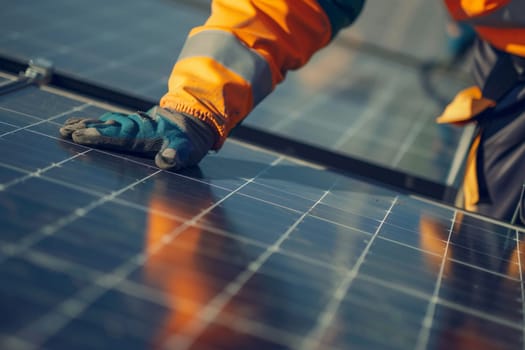 Close-up of professional installer working on solar panel installation on residential rooftop, focusing on sustainable energy solutions. Generative AI