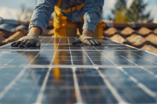 Close-up of professional installer with gloves securing solar panel on home rooftop, sustainable energy concept. Generative AI