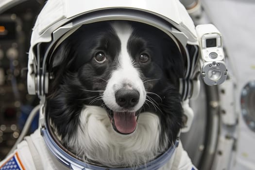Close-up of joyful dog dressed as astronaut in space helmet and suit inside spacecraft cabin, embodying exploration and adventure.