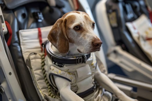 Humorous and whimsical photograph of dog dressed as astronaut in full gear inside spacecraft, concept of exploration, pets in unusual roles, and space travel