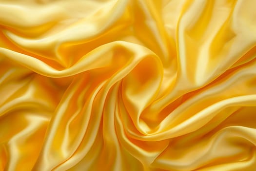 Close-up of vibrant yellow silk fabric texture, perfect for elegant backgrounds and luxury design projects with abstract smooth curves and soft folds.