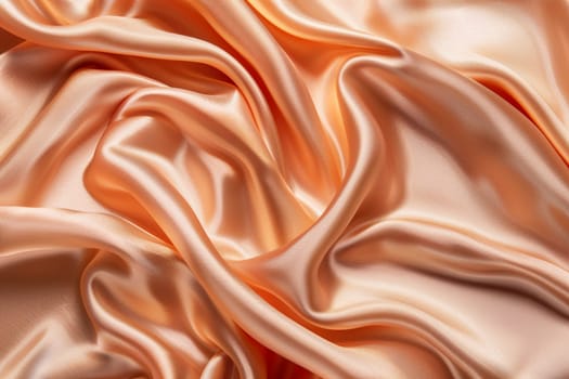 Close-up of elegant peach color silk fabric texture with soft, smooth waves creating an abstract background.