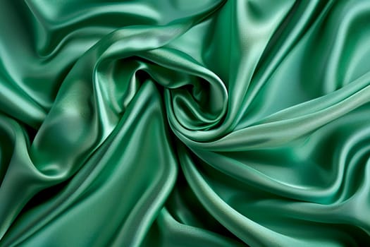 Close-up of elegant green silk fabric texture showing luxurious waves and smooth material for background or design projects.