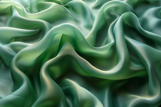 Close-up of elegant green silk with luxurious 3D wave texture for background or design projects. Smooth, flowing, and abstract fabric concept.