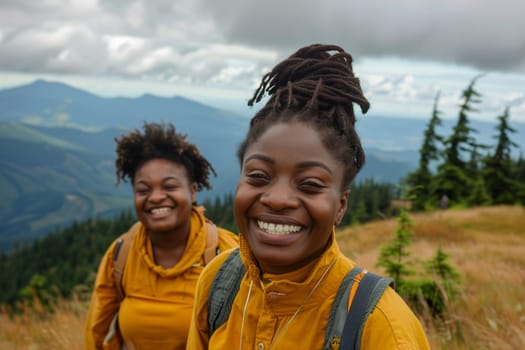 Smiling plus size African American friends enjoying mountain hike on cloudy day, promoting outdoor activity and diversity. Generative AI