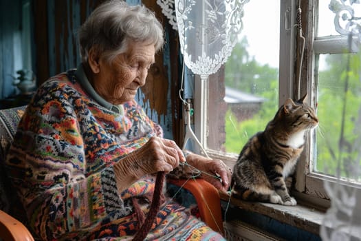 Pensioner enjoys hobby of knitting with cat companion by window, showcasing warmth and serenity in domestic life. Generative AI