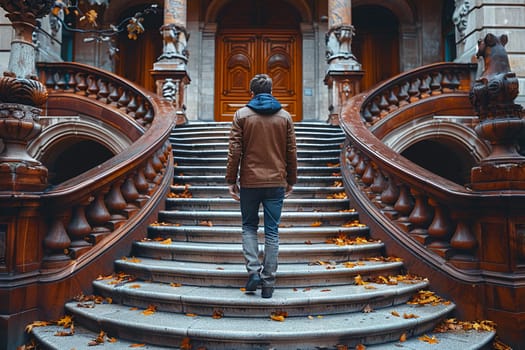 Back view of a man walking up an ornate staircase surrounded by fall leaves, symbolizing growth and progress. Generative AI