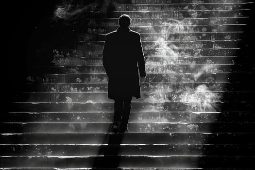 Silhouette of man walking up stairs surrounded by mist creates mysterious and dreamy atmosphere in monochrome. Generative AI