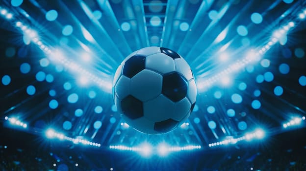 Illustration of a soccer ball with blurred stadium in the background surrounded by dazzling lights.