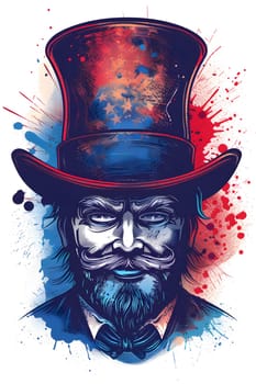 A man with facial hair wearing a blue sleeve costume hat and fedora, resembling a painting character with art vibes and unique headgear