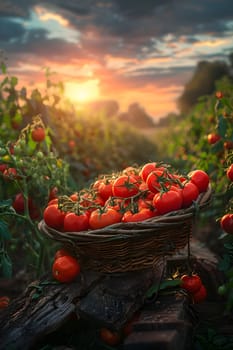 A basket filled with tomatoes sits on a wooden table in a field, surrounded by natural landscape. The sky is dotted with clouds, creating a picturesque scene reminiscent of a painting