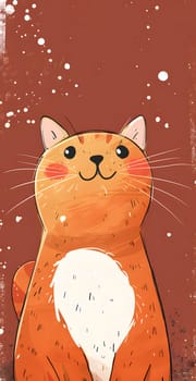 An orange Felidae cat with whiskers and a fawn snout sits on a red background, smiling. Its a carnivore from the family of small to mediumsized cats, radiating joy in this cute art piece