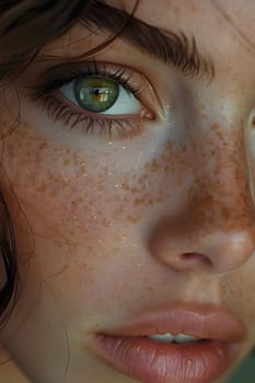 A closeup image of a womans face reveals green eyes, freckles on her skin, and defined eyebrows and eyelashes