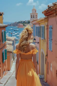 A woman wearing a bright yellow dress gracefully strolls along a quaint, narrow street lined with historic buildings and vibrant street art
