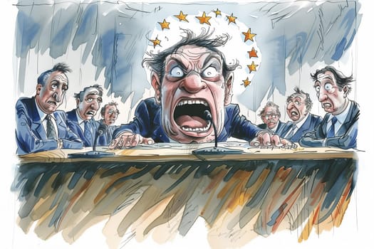 A political cartoon showing a man with his mouth wide open, portraying vocal expression and communication in a stylized manner.