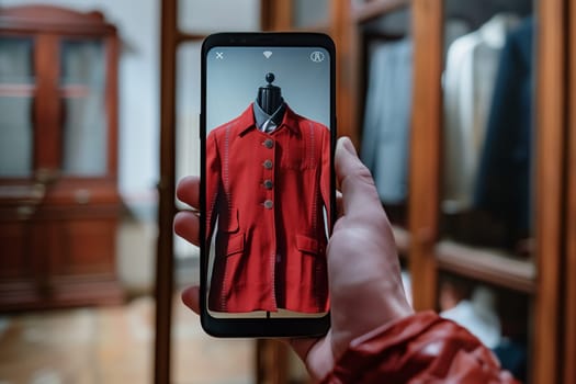 Individual using a cell phone to photograph a vibrant red jacket.