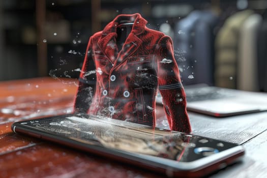 A red jacket lying on top of a tablet device, creating a striking contrast in colors.