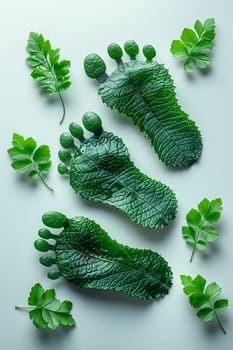 Two sets of footprints made from vivid green leaves with parsley sprigs placed around them, arranged on a pristine white surface.