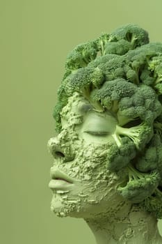 A creative sculpture of a womans head filled with meticulously arranged broccoli florets.