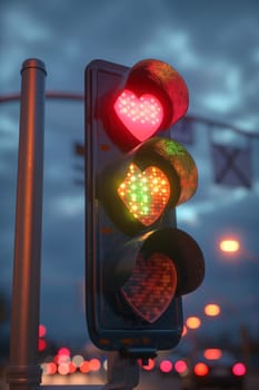 A regular traffic light displaying a heart symbol in place of a traditional light signal.