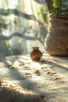 Several ants in a line, walking across a tabletop.