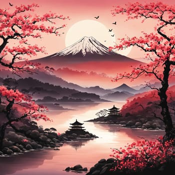 Serene landscape with mountain, pagoda in background. Sky is filled with beautiful pink hue, and moon is shining brightly. Concept of peace, tranquility. For art, creative projects, fashion, magazines