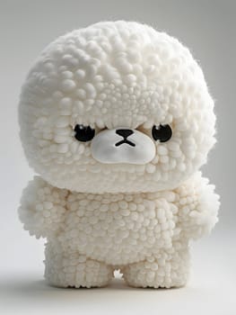 A white stuffed sheep toy with black eyes and a snout is standing on a white surface, showcasing creative arts in the form of a working animal