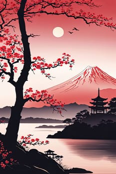 Japanese pagoda set against iconic Mount Fuji, capturing essence of traditional Japanese landscape, architecture. For art, creative projects, fashion, style, advertising campaigns, web design, print