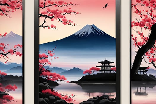 Serene landscape with mountain, pagoda in background. For meditation apps, on covers of books about spiritual growth, in designs for yoga studios, spa salons, illustration for articles on inner peace