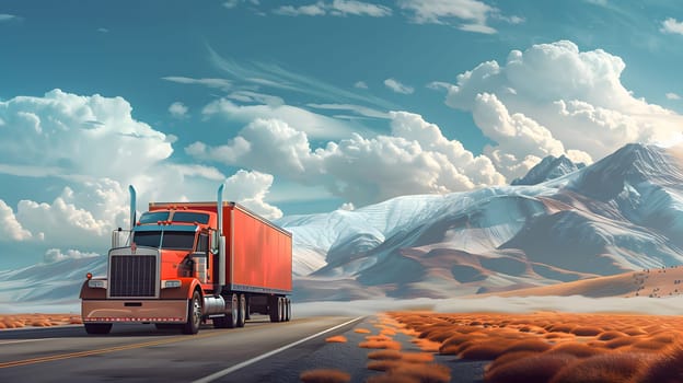 A large semi truck is traveling down a rolling asphalt road with mountains in the background under a sky filled with fluffy clouds