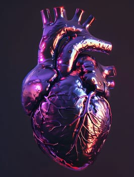 An artistic representation of a human heart in electric blue and magenta hues, set against a dark background. A striking image combining elements of art and organism