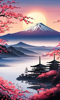 Traditional Japanese pagoda with iconic Mount Fuji in background, capturing essence of Japans natural beauty, cultural heritage. For interior, commercial spaces to create stylish atmosphere, print