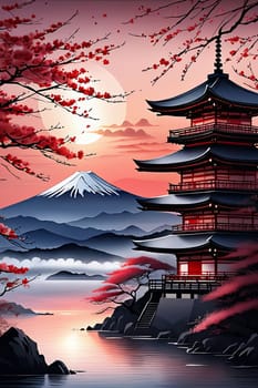 Serene landscape with mountain, pagoda in background. For meditation apps, on covers of books about spiritual growth, in designs for yoga studios, spa salons, illustration for articles on inner peace