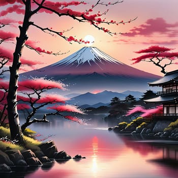 Serene landscape with mountain, pagoda in background. Sky is filled with beautiful pink hue, and moon is shining brightly. Concept of peace, tranquility. For art, creative projects, fashion, magazines