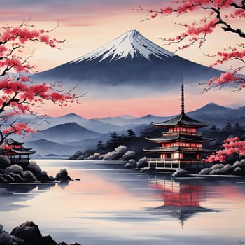 Japanese sunset over tranquil landscape, featuring traditional pagoda silhouetted against radiant sky. Blend of vibrant colors captures essence of peace. For art, creative projects, fashion, magazines