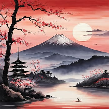 Japanese pagoda set against iconic Mount Fuji, capturing essence of traditional Japanese landscape, architecture. For art, creative projects, fashion, style, advertising campaigns, web design, print