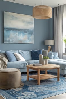 A building with azure walls, furnished with a blue couch and wooden coffee table, featuring a painting on the wall. Interior design for comfort